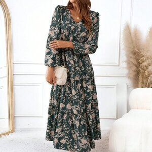 Green Boho Women's Floral Print Long Sleeve maxi  Dress